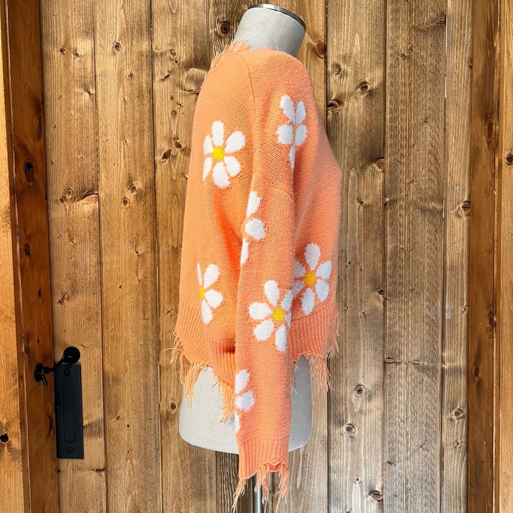 Just Polly Vibrant Orange Daisy Flower Cropped Sweater w/ Fringe - Picture 3 of 6